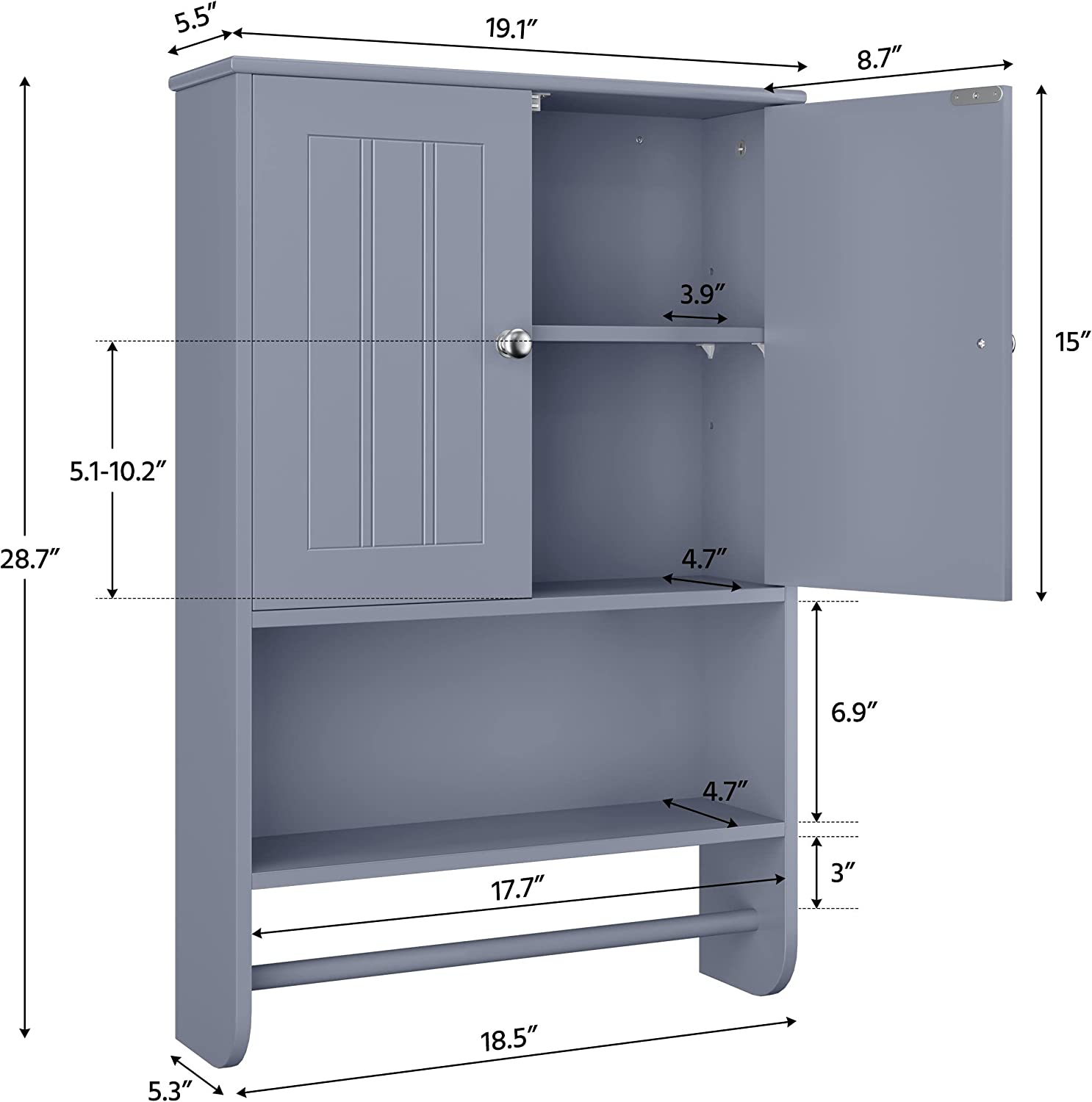 Topeakmart Wall Storage Cabinet with Inner Adjustable Shelf and Shaker Doors， Hanging Cabinet with Towel Bar for Living Room Kitchen Decor， Grey