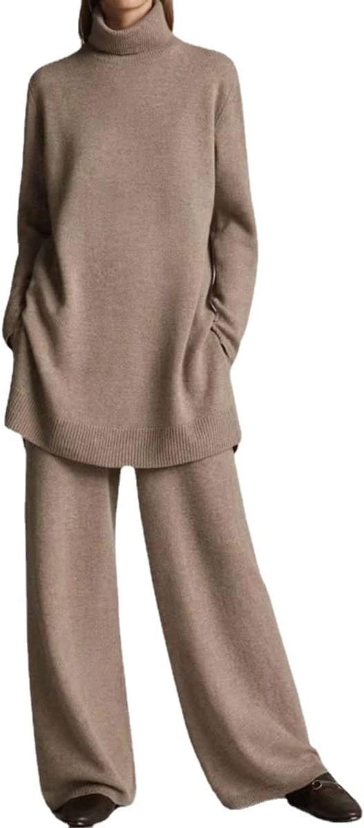 Walnut Autumn and Winter Knitted Solid Color Turtleneck Loose Sweater Wide-Leg Pants Casual Two-Piece Suit (Color : D, Size : L Code)