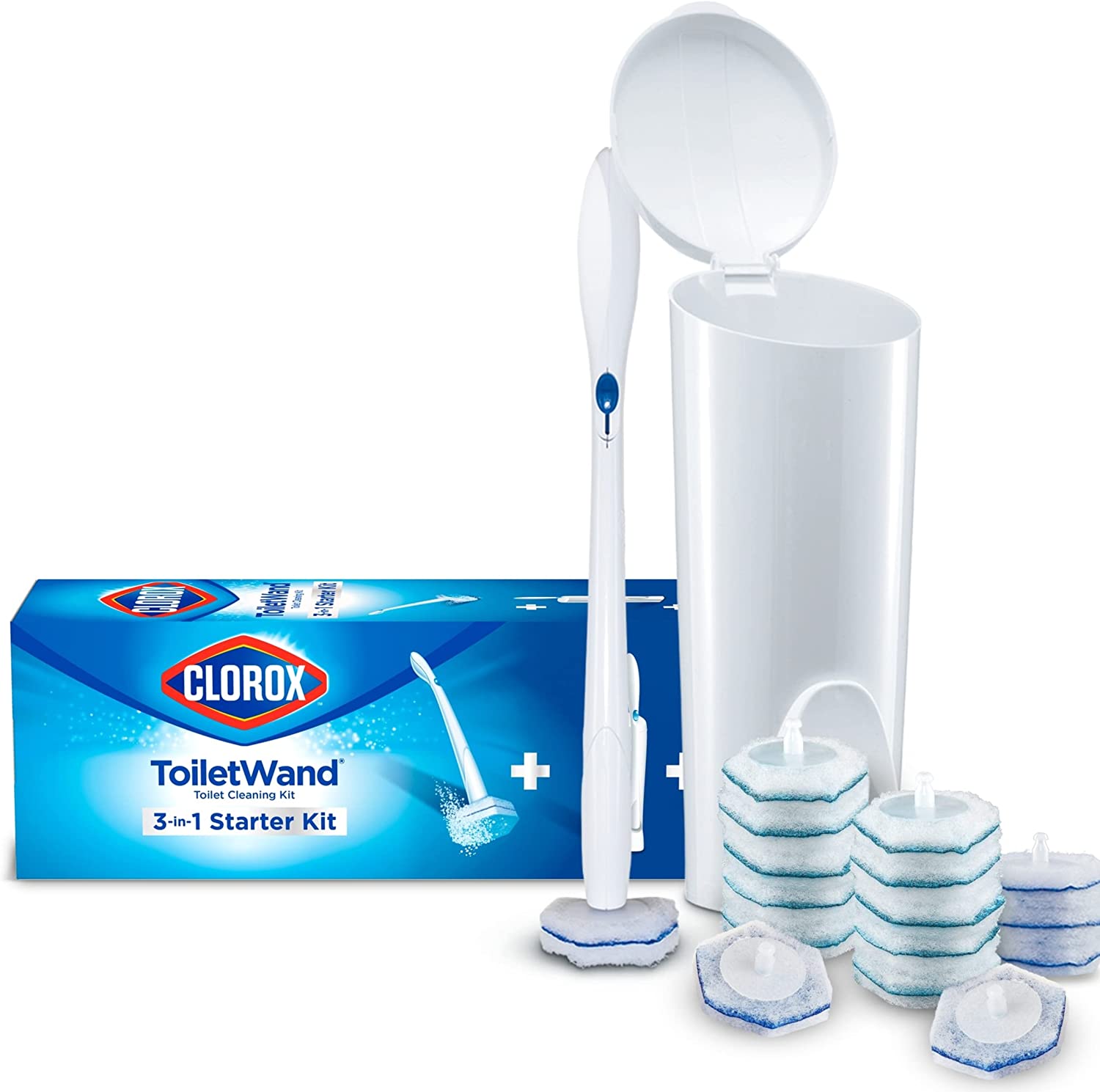 Clorox ToiletWand Disposable Toilet Cleaning Kit, Toilet Brush, Toilet and Bathroom Cleaning System with Storage Caddy and 16 Disinfecting ToiletWand Refill Heads (Package May Vary)