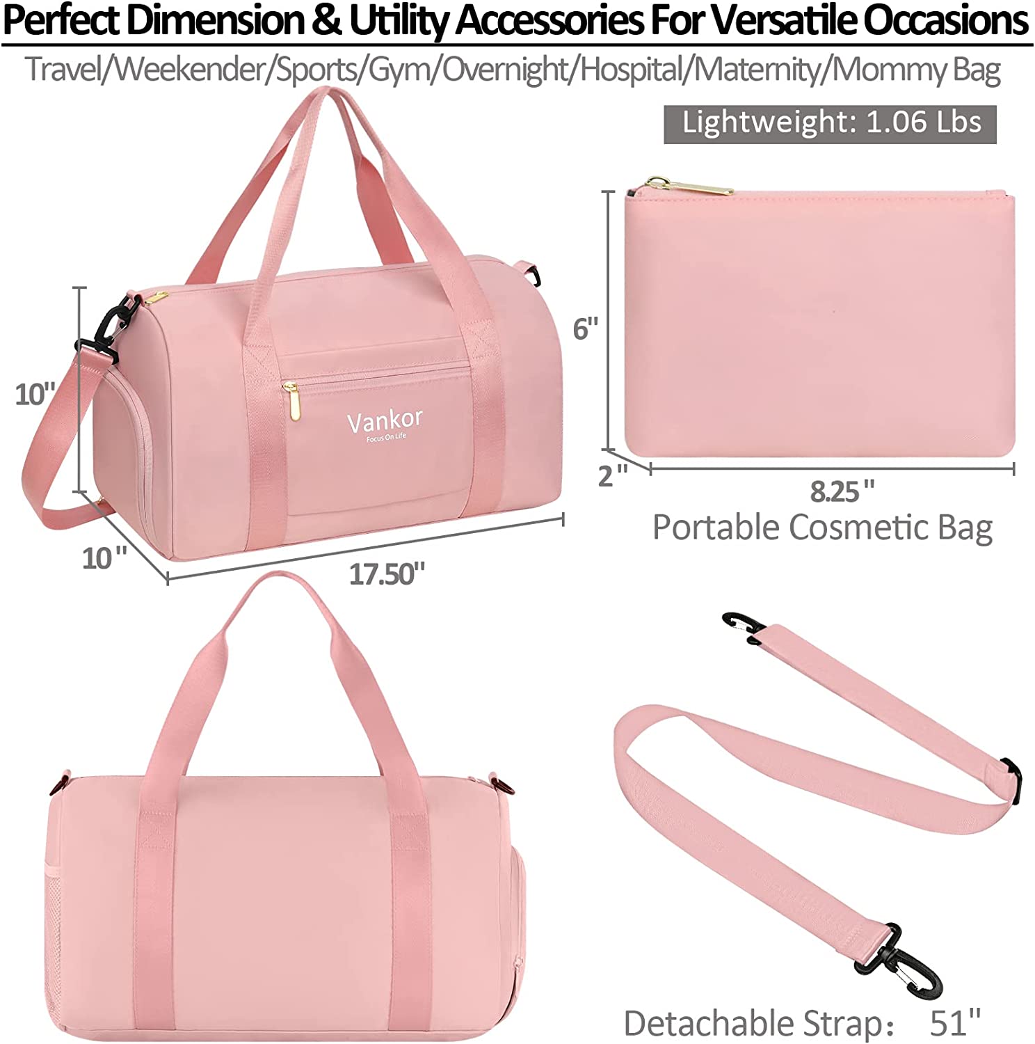 Gym Bag for Women with Shoe Compartment Waterproof， Sports Duffle Bag for Travel Duffel Weekender Carry on Beach Yoga Overnight Luggage Mommy Maternity Hospital Bag Pink 17.5 Inch