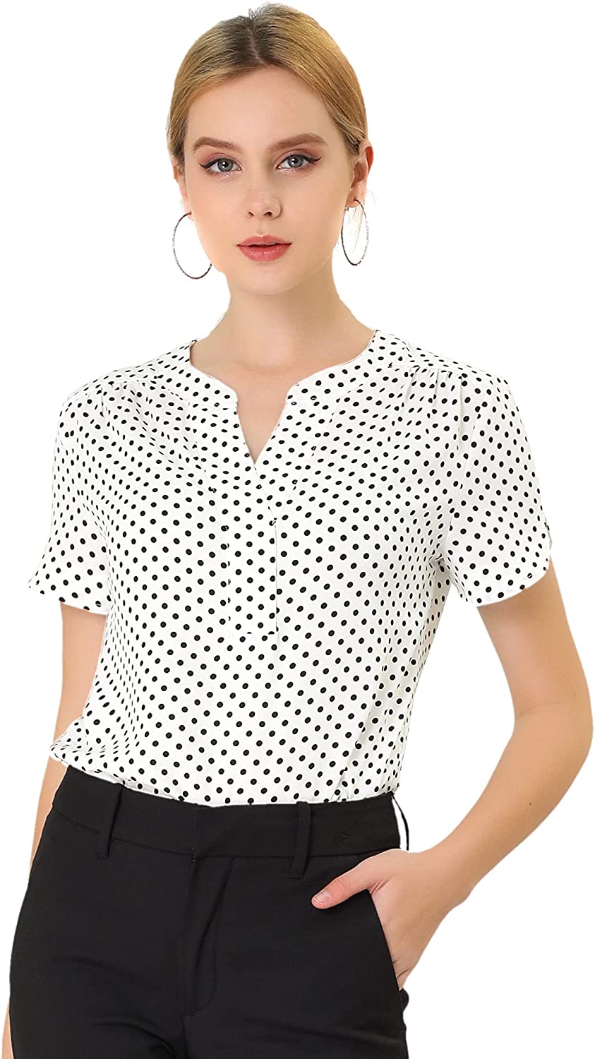 Allegra K Women's Polka Dots Print V Neck Short Sleeve Elegant Work Office Tops