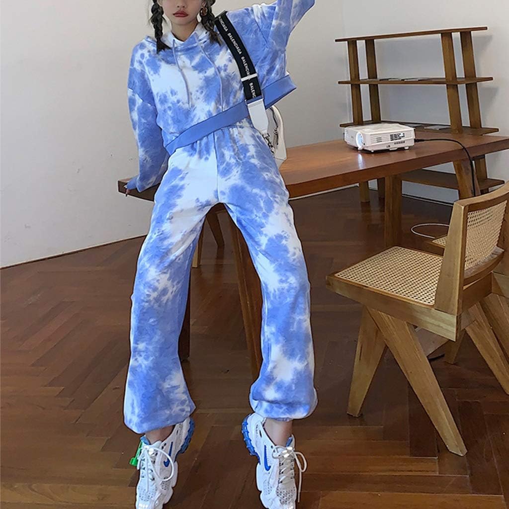 YUTRD ZCJUX Tie Dye Autumn Winter 2 Piece Set Women Hoodies Sweatshirts Tops Long Joggers Pants Sportswear Suits Thicken Female Hoodies Sets (Color : B, Size : Medium)