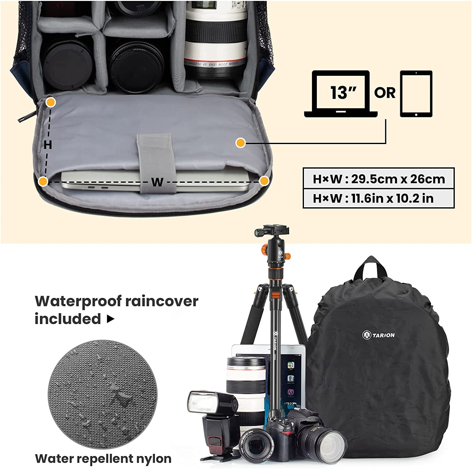 TARION Camera Bag Professional Camera Backpack with Rain Cover Laptop Compartment Waterproof Photography Backpack Case for Women Men Photographers DSLR SLR Mirrorless Camera Lens Tripod Black TB-S