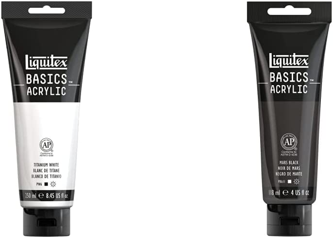 Liquitex BASICS Acrylic Paint, 250ml (8.5-oz) Tube, Titanium White & BASICS Acrylic Paint, 118ml (4-oz) Tube, Mars Black