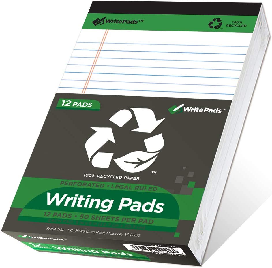 KAISA Small Legal Pads Recycled Paper Writing Pads, 50 sheets College Ruled 5"x8" Legal Ruled Perforated Writed Pad Notepads, 5x8inch 12pads, KSU-5262