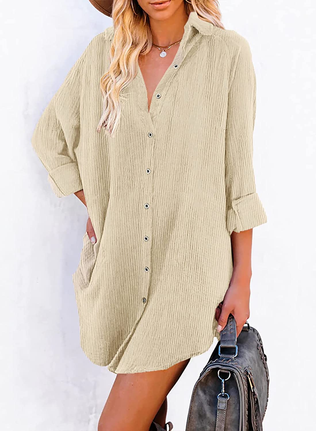 Astylish Women Casual Long Sleeve Button Down Oversized Corduroy Shirt Dress with Pocket
