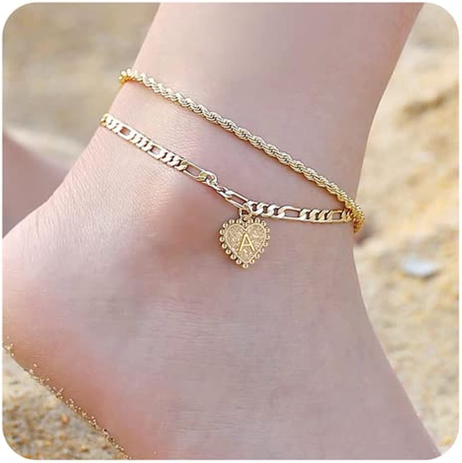 Yooblue Initial Ankle Bracelets for Women, 14K Gold Filled Dainty Heart Initial Anklet Foot Jewelry Gold Anklets for Women Teen Girls Summer Gifts