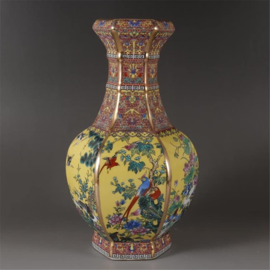 ZSEDP Enamel Hexagon Vase Gold Flowers and Birds Chinese Style Classical Home Furnishing Vase Antique Ornaments