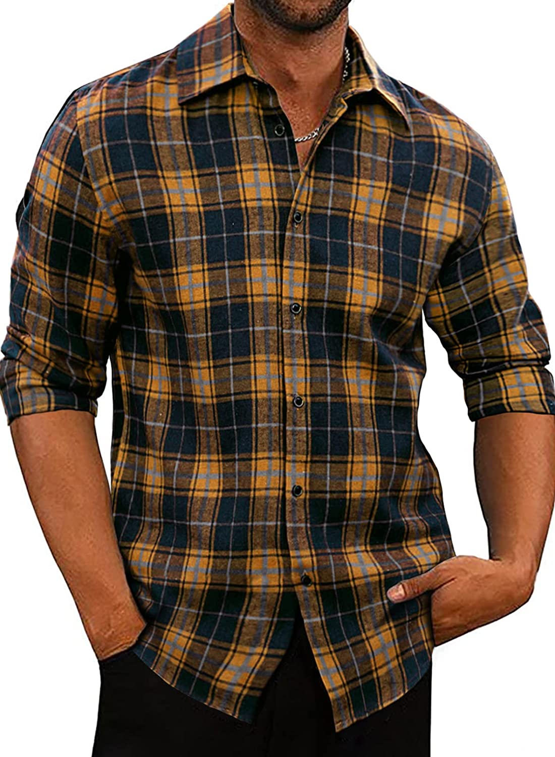 JMIERR Mens Long Sleeve Button-Down Plaid Shirts Casual Cotton Flannel Shirt