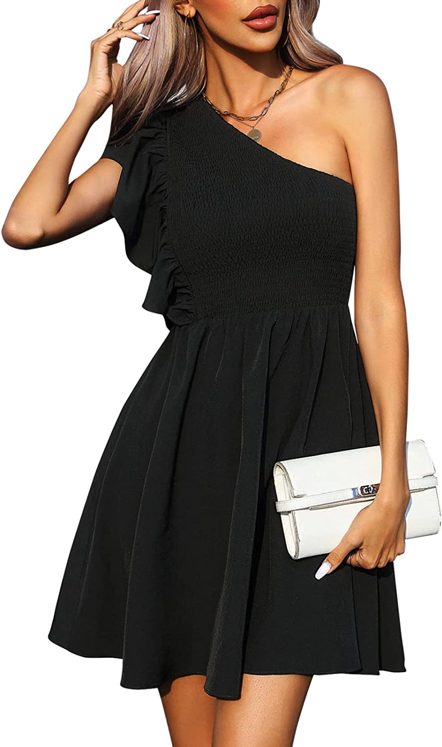 Byinns Women's 2023 Summer One Shoulder Cocktail Dress Ruffle Sleeveless Smocked Dress Party Wedding Guest Mini Dresses