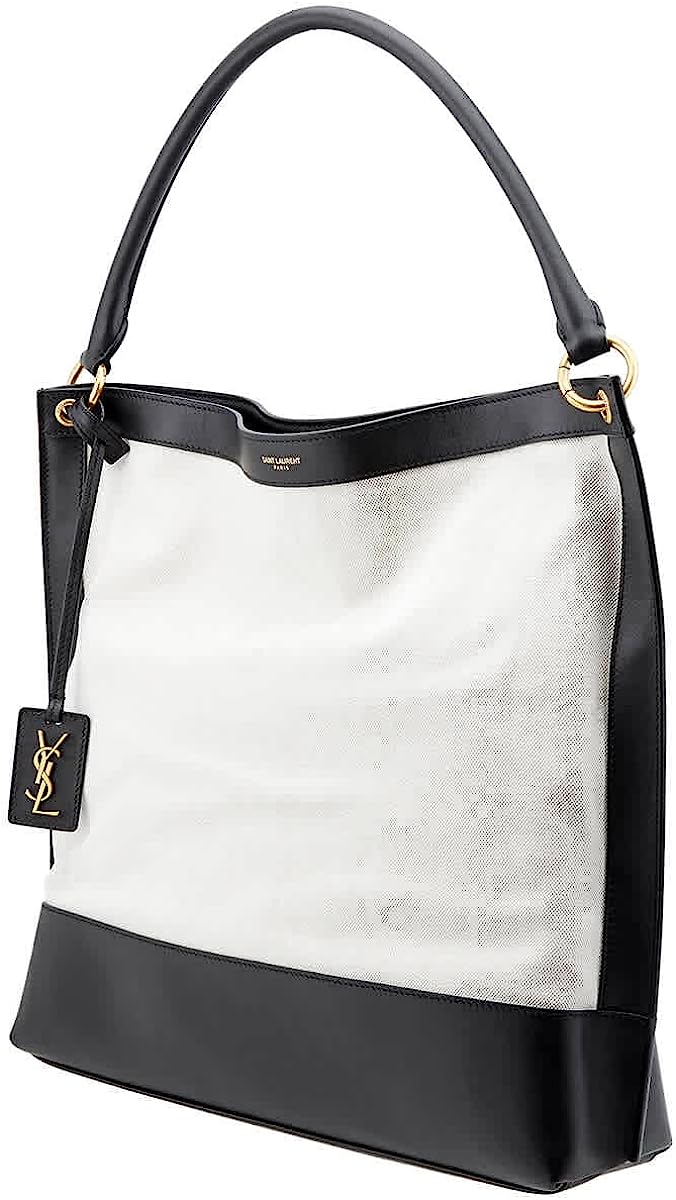 SAINT LAURENT Canvas And Leather Tag Hobo Bag, Off White/Black