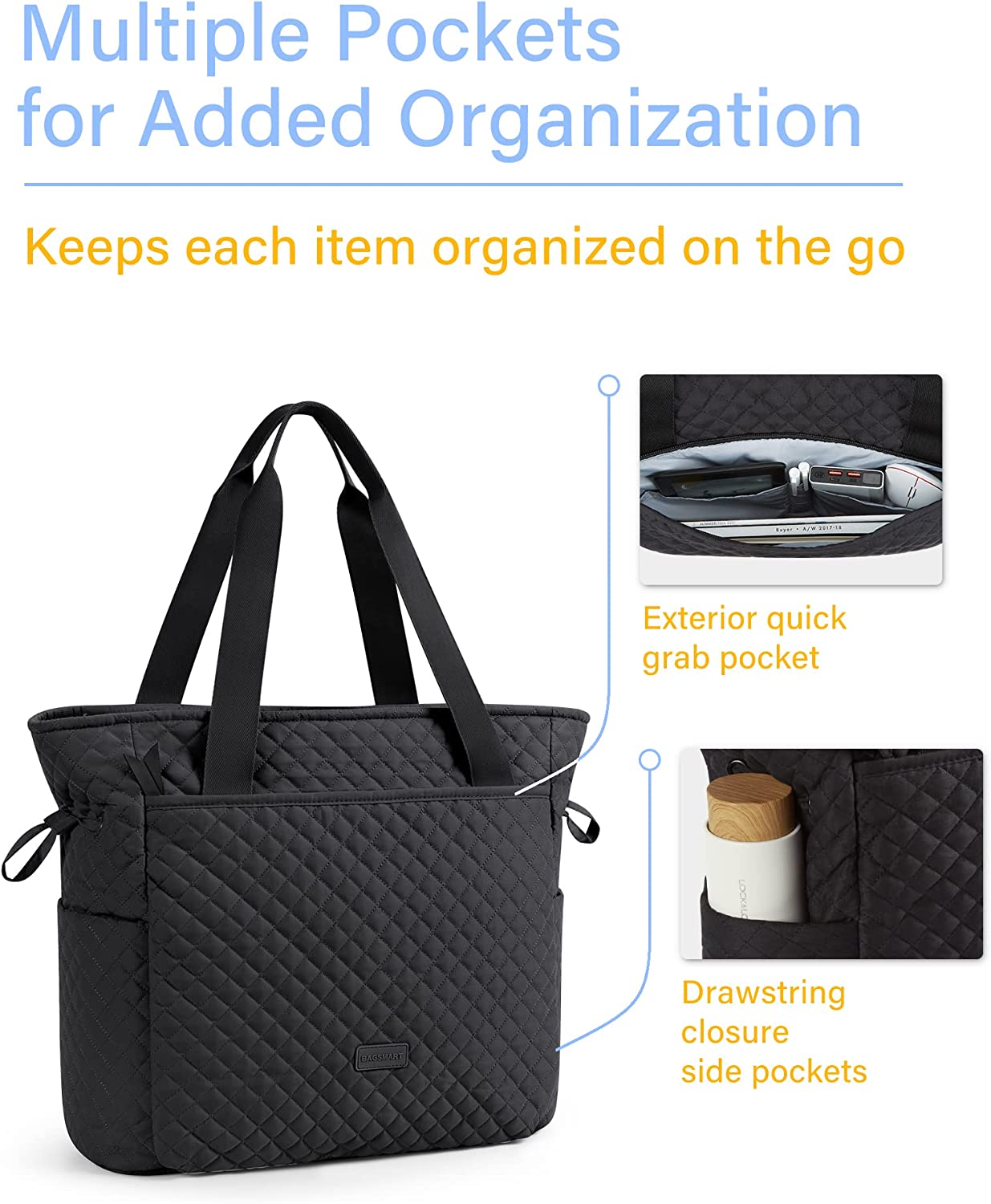 BAGSMART Quilted Tote Bag， Top Handle Handbags for Women， Shoulder Bag， 25L Large Hobo Bag for Work， School， Travel