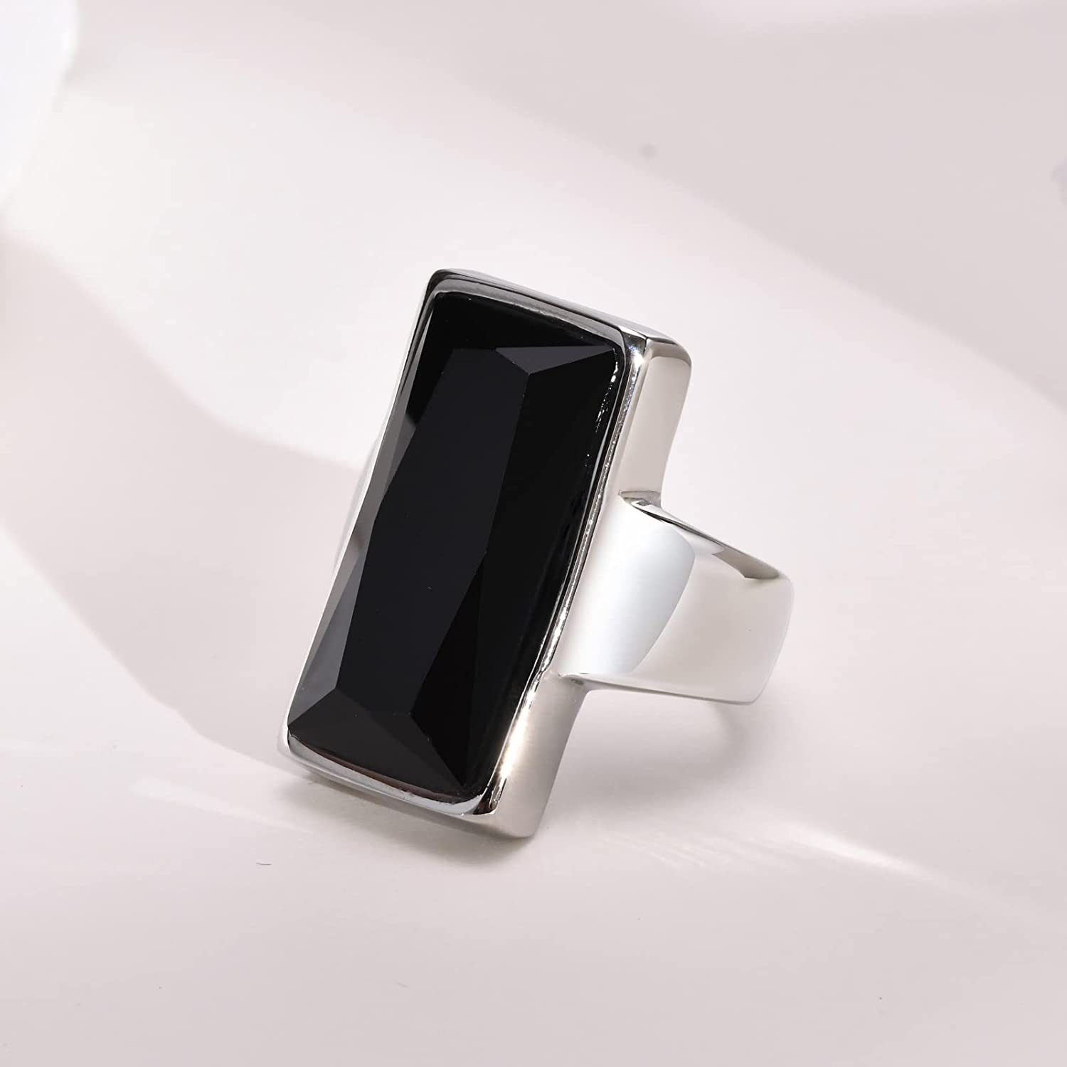VNOX Stainless Steel Gold Plated Rectangular Black Glass Crystal Ring for Women