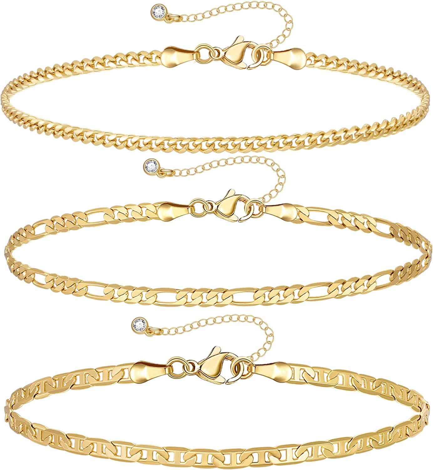 KissYan Gold Layered Ankle Bracelets for Women, Dainty 14k Gold Plated Layering Anklets Set Adjustable Fashion Cuban Link Snake Tennis Chain Ankles Summer Beach Foot Jewelry Gifts for Women Girls