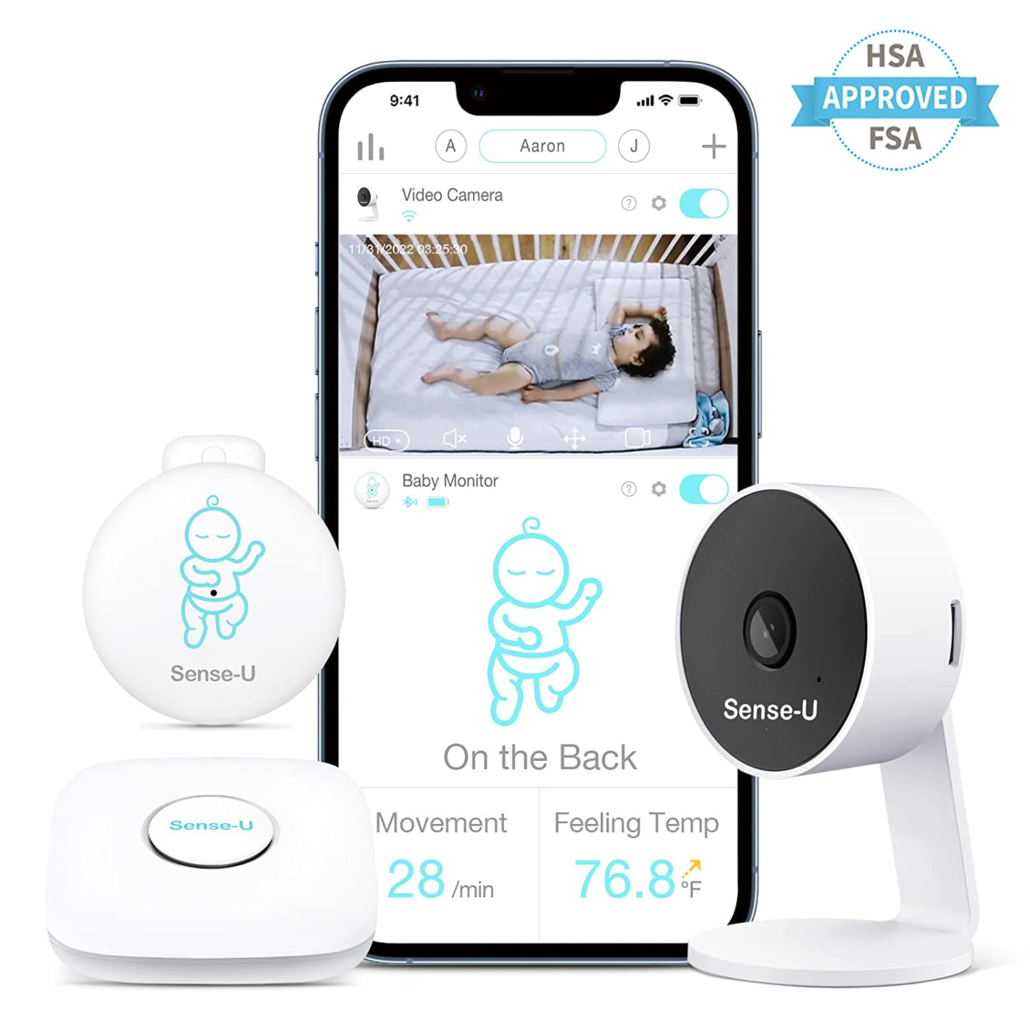 Sense-U Smart Baby Monitor 3+Camera, Audio, Video Baby Monitor That Notifies You for No Abdominal Movement, Rollover, High/Low Temperatures, Detected Motion, with Night Vision, 2-Way Talk, Long Range