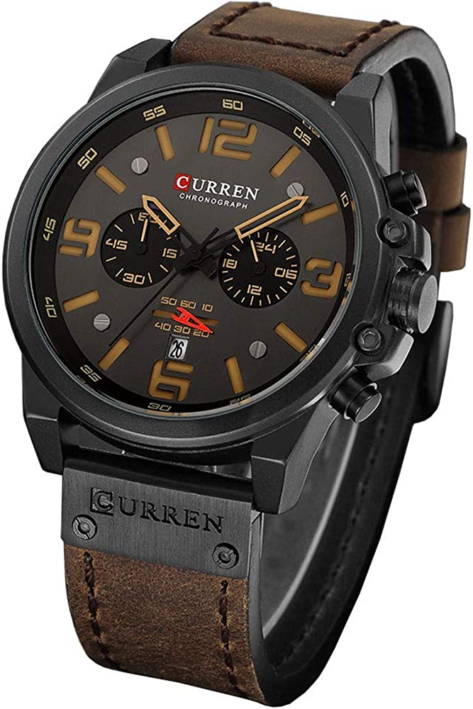 Gosasa Men Sport Chronograph Quartz Watch Brown Leather Strap Date 30M Waterproof Military Male Wrist Watch