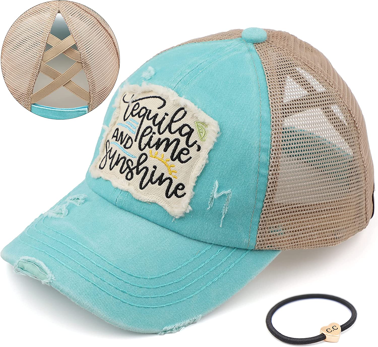 C.C Exclusives Hatsandscarf Washed Distressed Cotton Denim Ponytail Hat Adjustable Baseball Cap (BT-761)